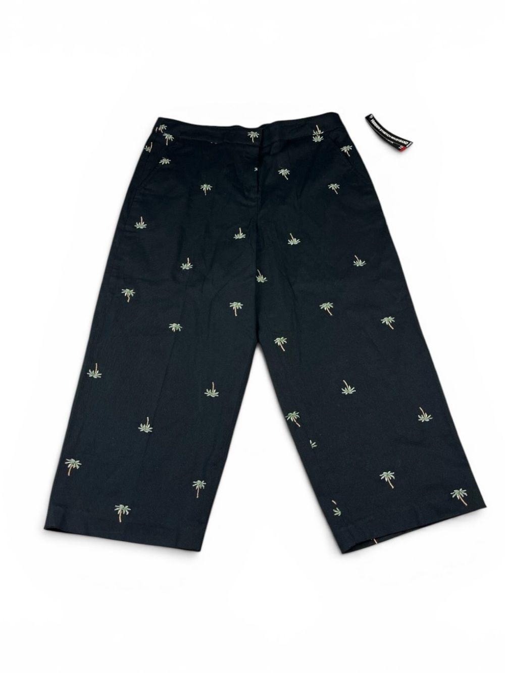 Briggs New York Cropped Wide Leg Pants Black Embroidered Palm Tree Casual 10 NEW